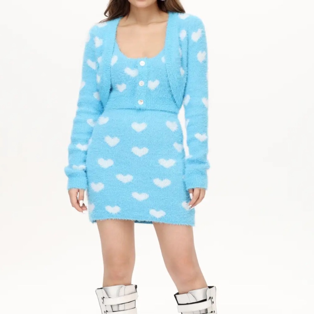 Blue Heart Patterned Knit Dress and Cardigan Set